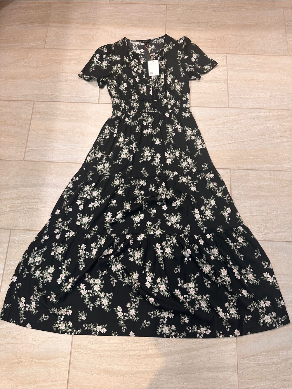 NWT Quince Washable Stretch Silk Tiered Maxi Dress Black Pink Floral Size S